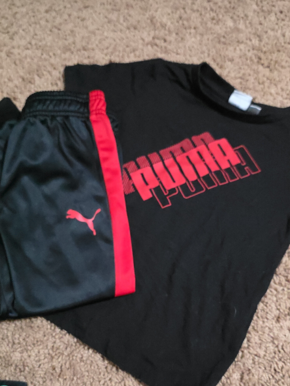 Puma Black Tee with Red Logo & Black Track Pants with Red Stripe